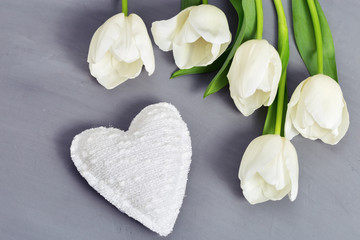 White tulip flowers and soft toy heart on gray concrete background with copy space. Greeting card for congratulations with love. Top view.