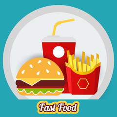 Fast food. Glass of soda with french fries and hamburger on blue background. Vector, illustration, eps 10.