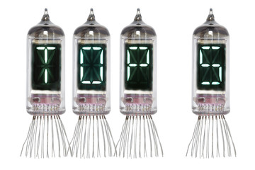 Word TOP 5 made from the real Nixie vacuum tube indicator on a white background. Isolated. Display of lamp with green backlight.