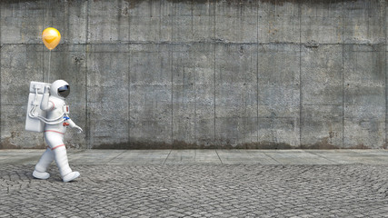 Astronaut walking in the city with a helium balloon. Bizarre scene from the city.