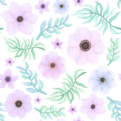 Vector Seamless Pattern of Flowers and Leaves in Pastel Colors