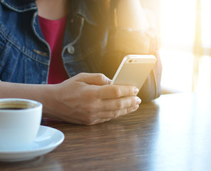 A brunette girl in a denim jacket is eating lunch in a cafe and using her phone. Communication through messenger. Smartphone. Casual loose clothing.