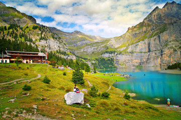 beautiful turquoise lake in Switzerland oeschinensee, a wonderful mountain summer landscape