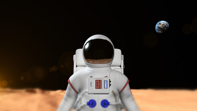 Astronaut On The Mars Surface. Earth is visible in the background.