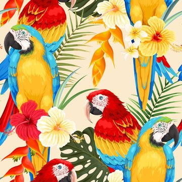 Seamless macaw and flowers