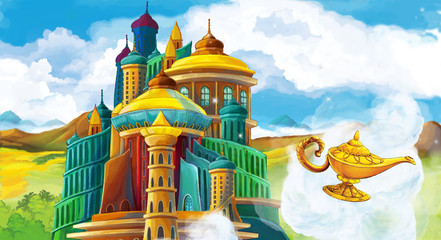 cartoon scene with beautiful castle and flying golden lamp illustration for children 
