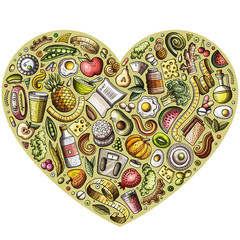 Set of vector cartoon doodle Diet food objects collected in a heart