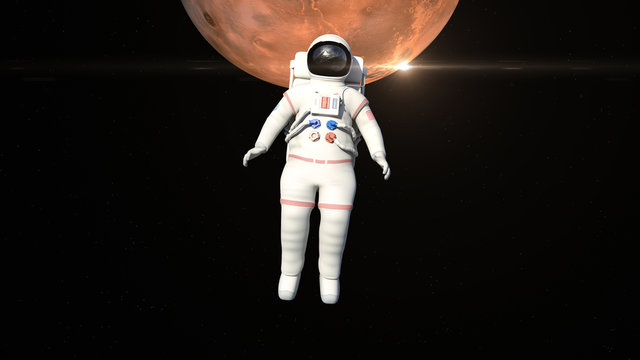 Astronaut is flying front of the planet Mars. Astronaut pushing the boundaries of exploration.