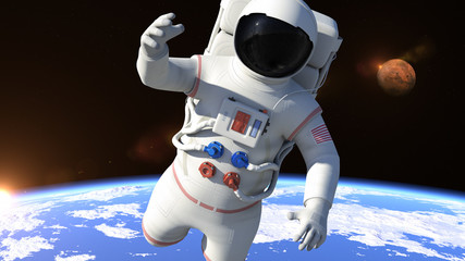 Naklejka premium Astronaut is flying over the North Pole and slowly closing. Astronaut pushing the boundaries of exploration.