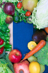 health fresh coloresd vegetables and fruit with cooking note. Vegan food. Fiber resource.