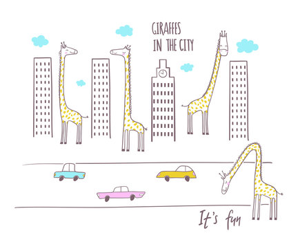 Giraffes in the city. Vector illustration for kids