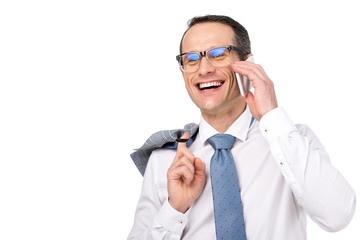 handsome adult businessman talking by phone and laughing isolated on white