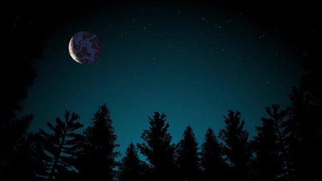 Animation of the twinkles night starry sky and moon on black silhouettes of trees