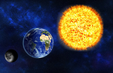 sun, earth and moon in outer space, 3d illustration