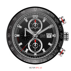 Realistic black clock face wristwatch chronograph stainless steel clockwise red white fashion for men design luxury isolated vector illustration.