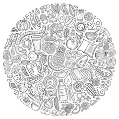 Set of vector cartoon doodle Diet food objects collected in a circle