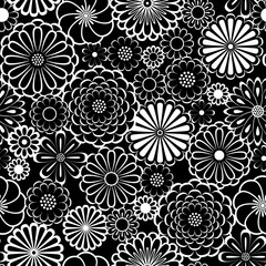 Black and white circle daisy flowers natural seamless pattern, vector