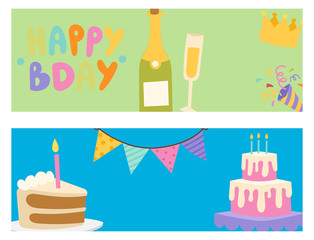 Happy birthday party celebration cards entertainment confetti present balloon decoration for holiday fun anniversary congratulation vector illustration.