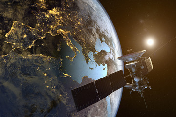Naklejka premium Renderowanie 3D satelity krążącego wokół Ziemi z oświetlonymi miastami nocą