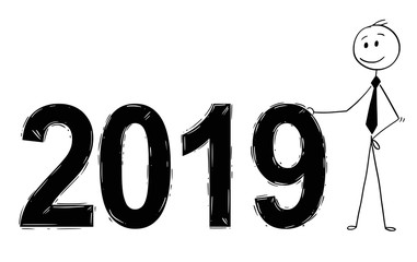 Cartoon stick man drawing conceptual illustration of businessman standing with big 2019 year numbers. Business concept of success, achievement and goal.