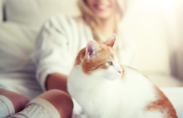 pets, animals and people concept - happy young woman with cat in bed at home