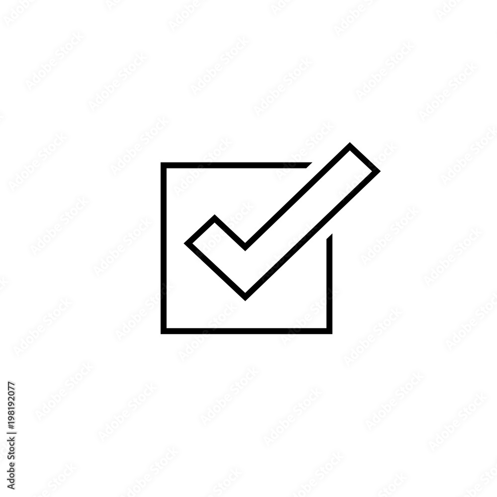 Poster tick icon vector symbol, line outline checkmark isolated on white background, checked icon or correc