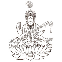 Fototapeta na wymiar Hindu Goddess Saraswati. Vector hand drawn