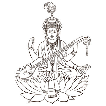 Hindu Goddess Saraswati. Vector hand drawn
