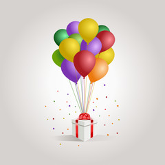White gift box with red ribbon and balloon on white background. minimal christmas new year concept.