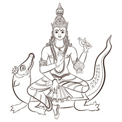 Hindu God Varuna sitting on the crocodile. Vector illustration.
