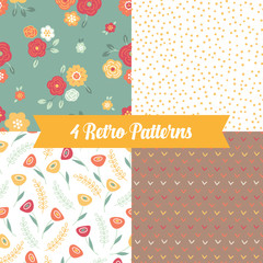 Seamless patterns with flowers, dots, tulips, leaves in retro colors