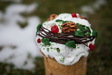 Easter cake in eco-style decorated with chocolate eggs in a nest on the background of spring grass and snow