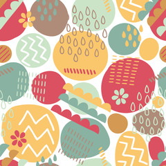 Seamless pattern with circle, zig zag, flower, drops, stripes