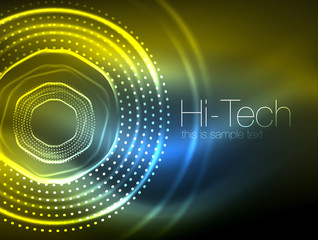 Magic neon circle shape abstract background, shiny light effect template for web banner, business or technology presentation background or elements, vector illustration