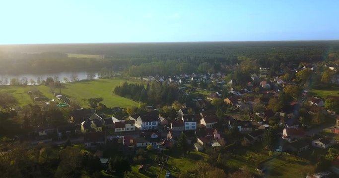 Aerial view of village at sunset