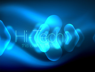 Blurred arrows in dark space. Neon pointers, glass glossy design, abstract shiny techno background, web banner
