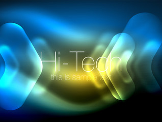 Blurred arrows in dark space. Neon pointers, glass glossy design, abstract shiny techno background, web banner