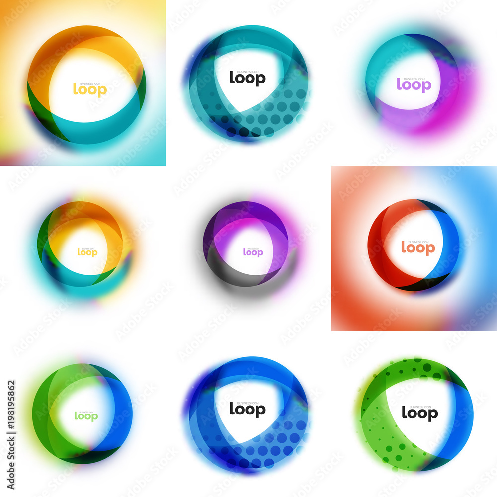 Fototapete set of loop, infinity business icons, abstract concept created with transparent shapes and blurred e