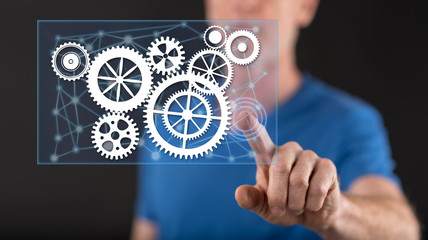 Man touching a connection concept on a touch screen