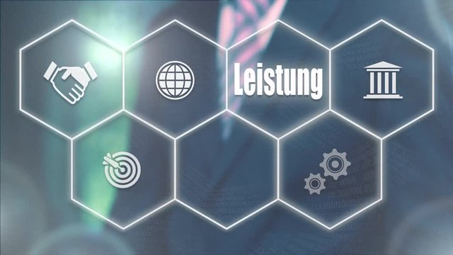 A businessman pressing a Power "Leistung" button in German on a futuristic computer  display