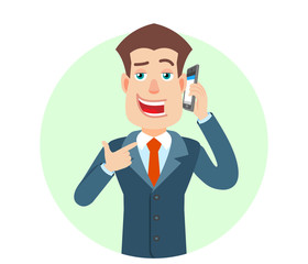 Businessman pointing his finger at the mobile phone that he talks