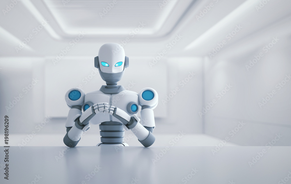 Poster robot sitting in front of empty table, artificial intelligence in futuristic technology concept, 3d 