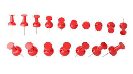 Collection of various red push pins. Thumbtacks on white background, 3d illustration - obrazy, fototapety, plakaty