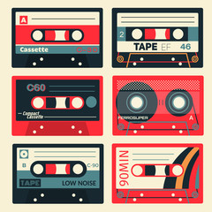 Retro cassettes set. Old technology records, plastic cassettes