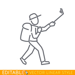 Selfie tourist Stick Figure. Editable line sketch icon. Stock vector illustration.