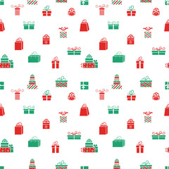 Seamless vector gift pattern, red and green gift boxes.