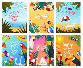 Nautical Summer cards. Marine vacation on the beach. Tropical plants and birds, camera and anchor, milkshake, deckchair, toucan and parrot. Poster or background. retro travel. Vintage holiday at sea.