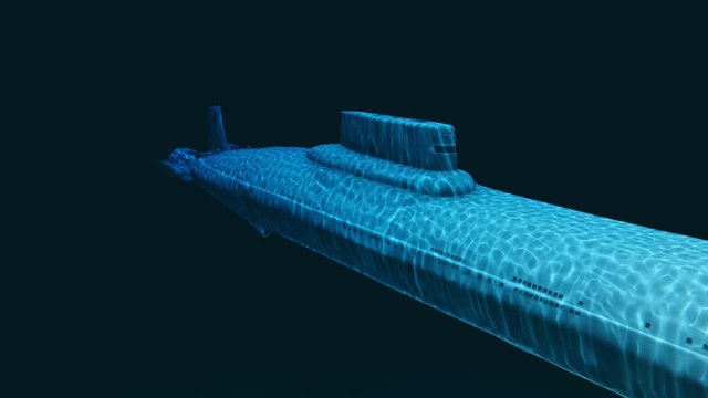 Gigantic russian navy Typhoon Akula class nuclear ballistic missile submarine floating at a great depth. Blank dark blue background at the final of clip. Realistic 3D animation rendered in 4K