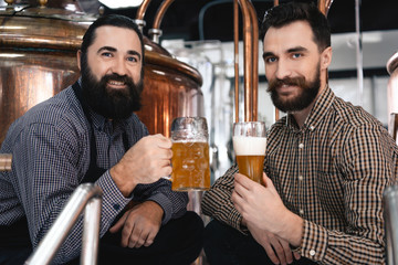 Two bearded brewers are holding mugs of light beer near brewing containers. Brewing. Brewery.