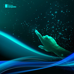 Obraz na płótnie Canvas Human hand pointing to night sky over blue sky background with star wave. Science and bigdata. Vector illustration.